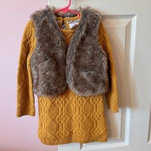 Mustard Knit Dress with Faux Fur Vest